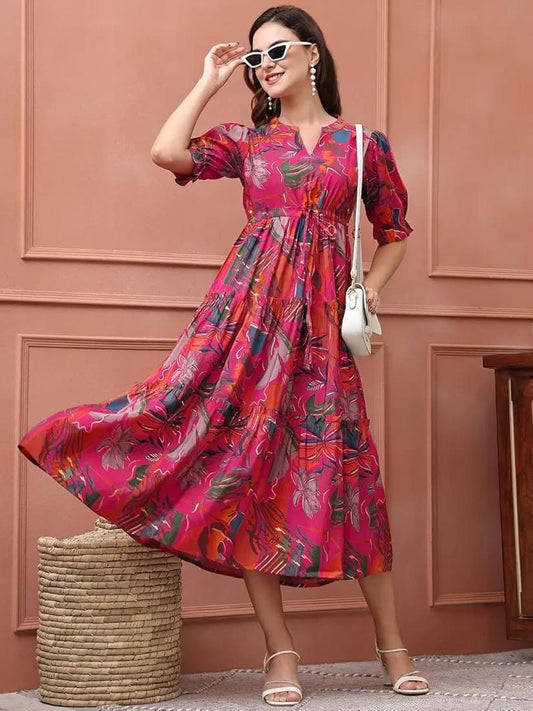 Magenta Multicolor Printed Tiered Midi Dress in Heavy Rayon