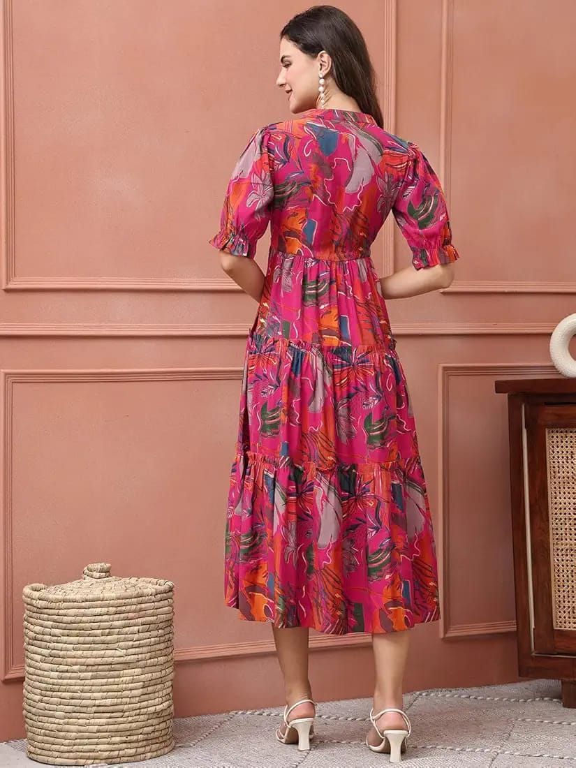 Magenta Multicolor Printed Tiered Midi Dress in Heavy Rayon