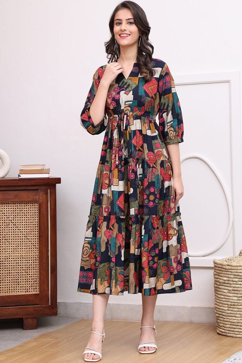 Black Multicolor Abstract Printed Tiered Midi Dress in Heavy Rayon