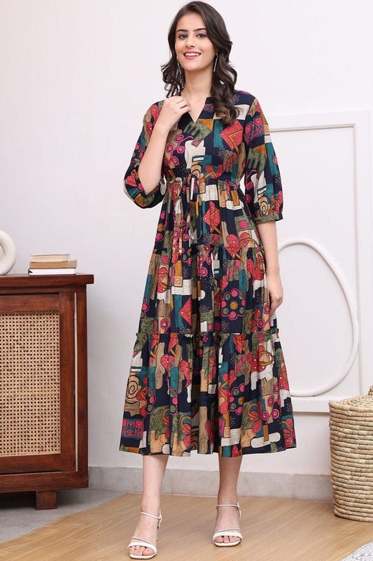 Black Multicolor Abstract Printed Tiered Midi Dress in Heavy Rayon