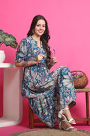 Blue Multicolor Printed Tiered Midi Dress in Heavy Rayon