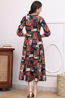 Black Multicolor Abstract Printed Tiered Midi Dress in Heavy Rayon