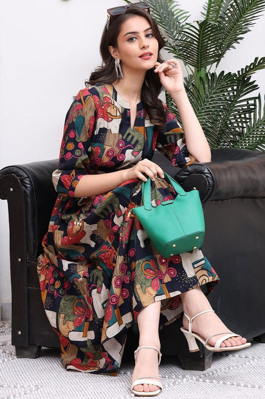 Black Multicolor Abstract Printed Tiered Midi Dress in Heavy Rayon