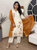 Cotton-Silk Embroidered 3-Piece Suit Set with Chanderi Dupatta – Ivory & Mustard