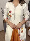 Cotton-Silk Embroidered 3-Piece Suit Set with Chanderi Dupatta – Ivory & Mustard