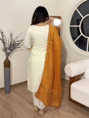 Cotton-Silk Embroidered 3-Piece Suit Set with Chanderi Dupatta – Ivory & Mustard