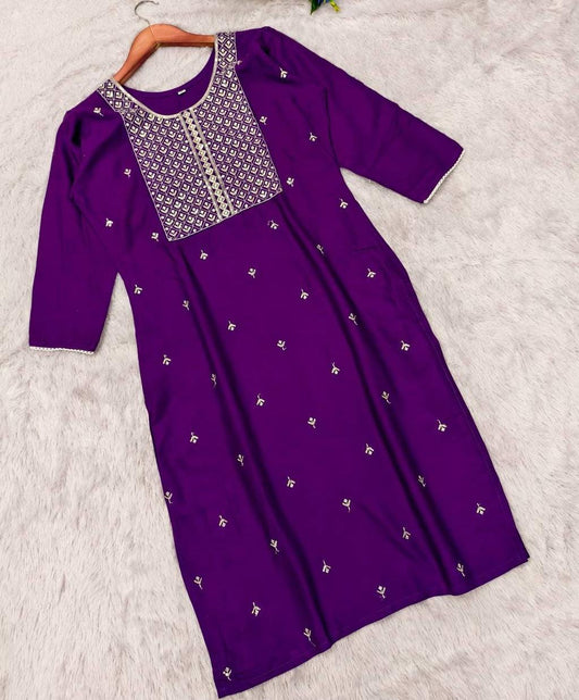 Elegant Purple Rayon Embroidered Kurti for Women – Stylish Ethnic Wear Top