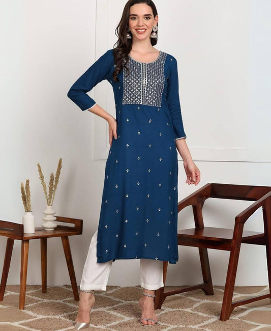 Elegant Blue Embroidered Rayon Kurti for Women – Casual & Office Wear | Sizes S–3XL