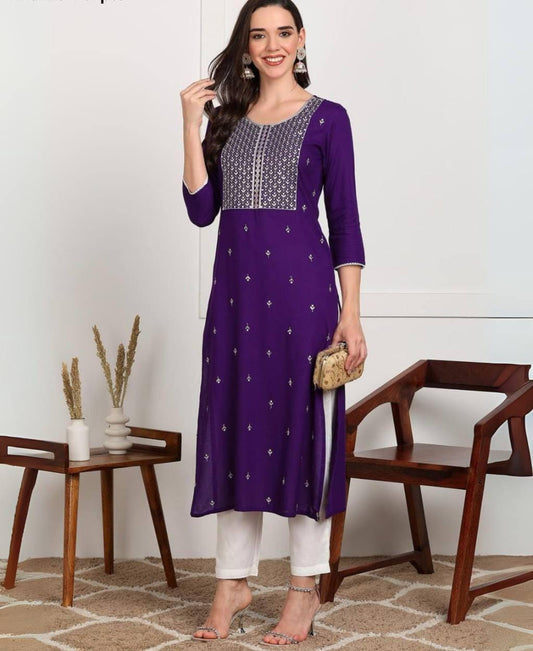 Elegant Purple Rayon Embroidered Kurti for Women – Stylish Ethnic Wear Top