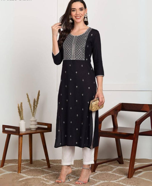 Elegant Black Rayon Kurti with Embroidery Work – Stylish Ethnic Wear