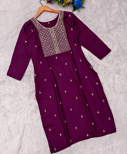Maroon Rayon Embroidered Kurti for Women – Stylish Long Top