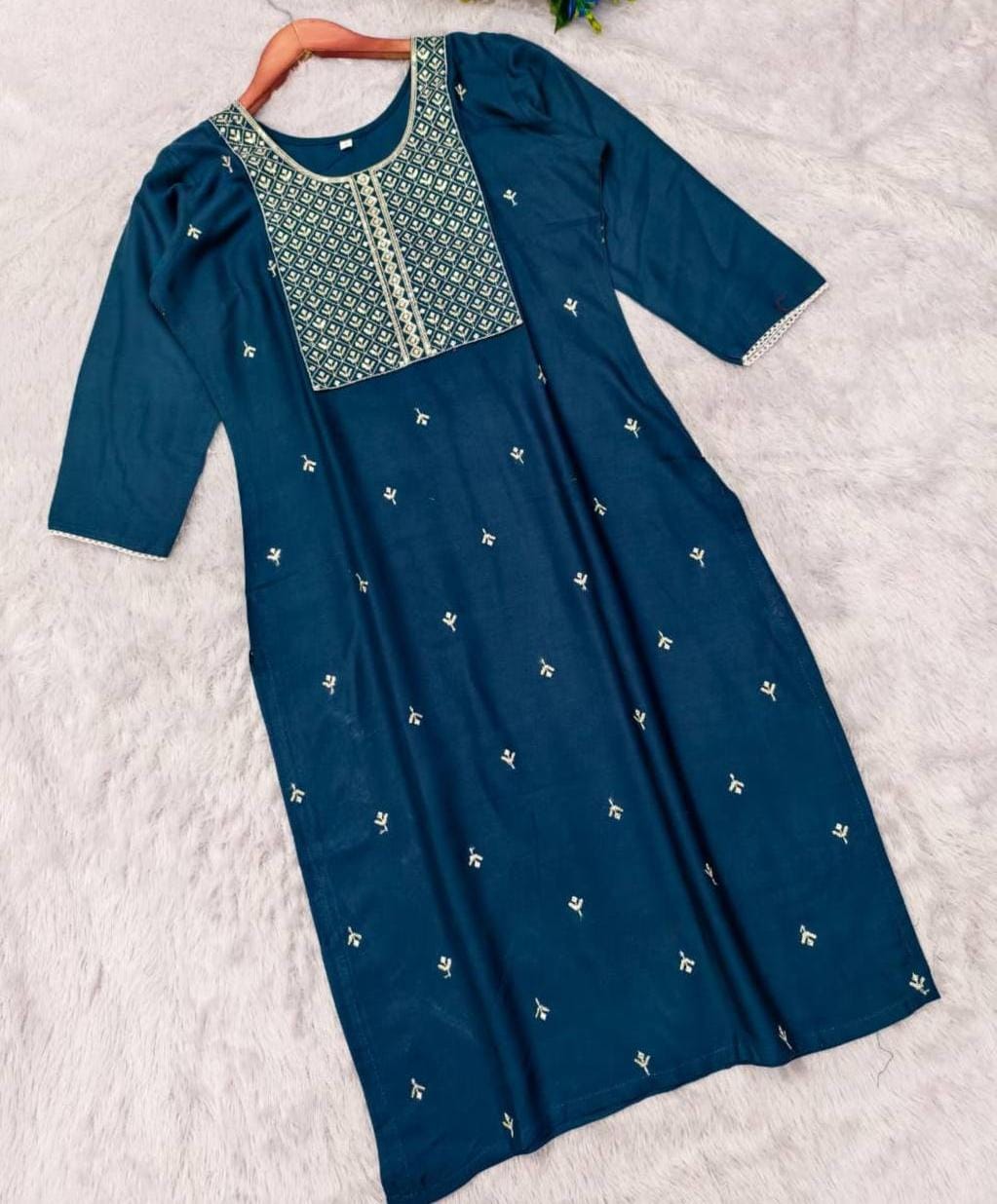 Elegant Blue Embroidered Rayon Kurti for Women – Casual & Office Wear | Sizes S–3XL
