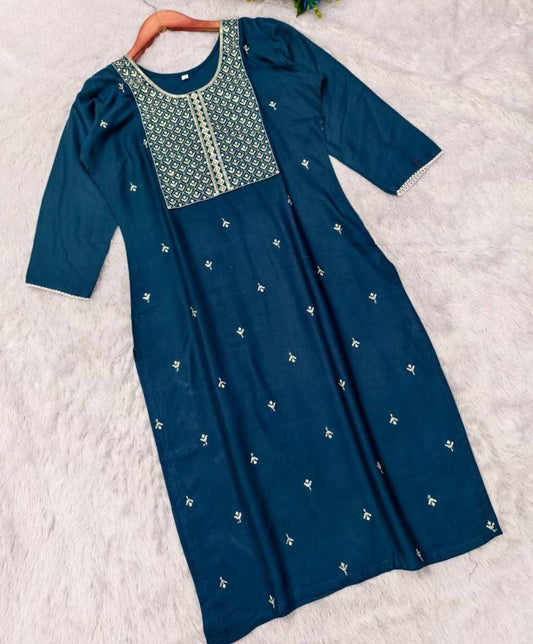 Elegant Blue Embroidered Rayon Kurti for Women – Casual & Office Wear | Sizes S–3XL