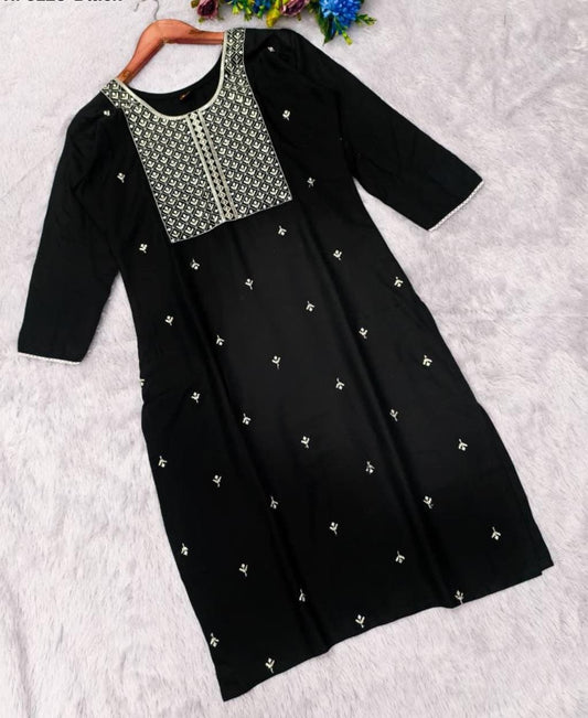 Elegant Black Rayon Kurti with Embroidery Work – Stylish Ethnic Wear