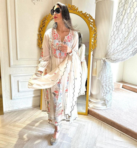 Ivory Georgette Embroidered Kurti–Palazzo Set with 2.40 m Dupatta (Mirror & Moti Work) (S - 5XL)