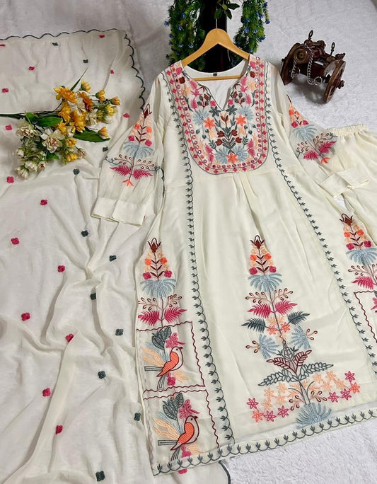 Ivory Georgette Embroidered Kurti–Palazzo Set with 2.40 m Dupatta (Mirror & Moti Work) (6XL–10XL)