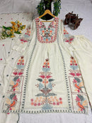 Ivory Georgette Embroidered Kurti–Palazzo Set with 2.40 m Dupatta (Mirror & Moti Work) (S - 5XL)