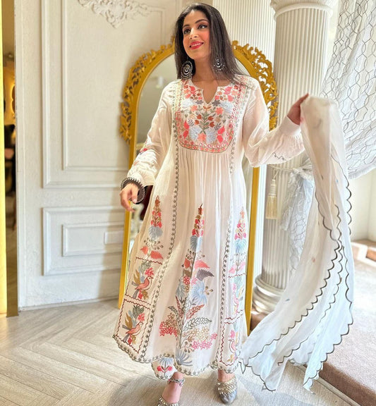 Ivory Georgette Embroidered Kurti–Palazzo Set with 2.40 m Dupatta (Mirror & Moti Work) (S - 5XL)