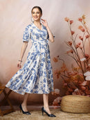Ivory & Blue Floral Printed Tiered Midi Dress in Heavy Rayon