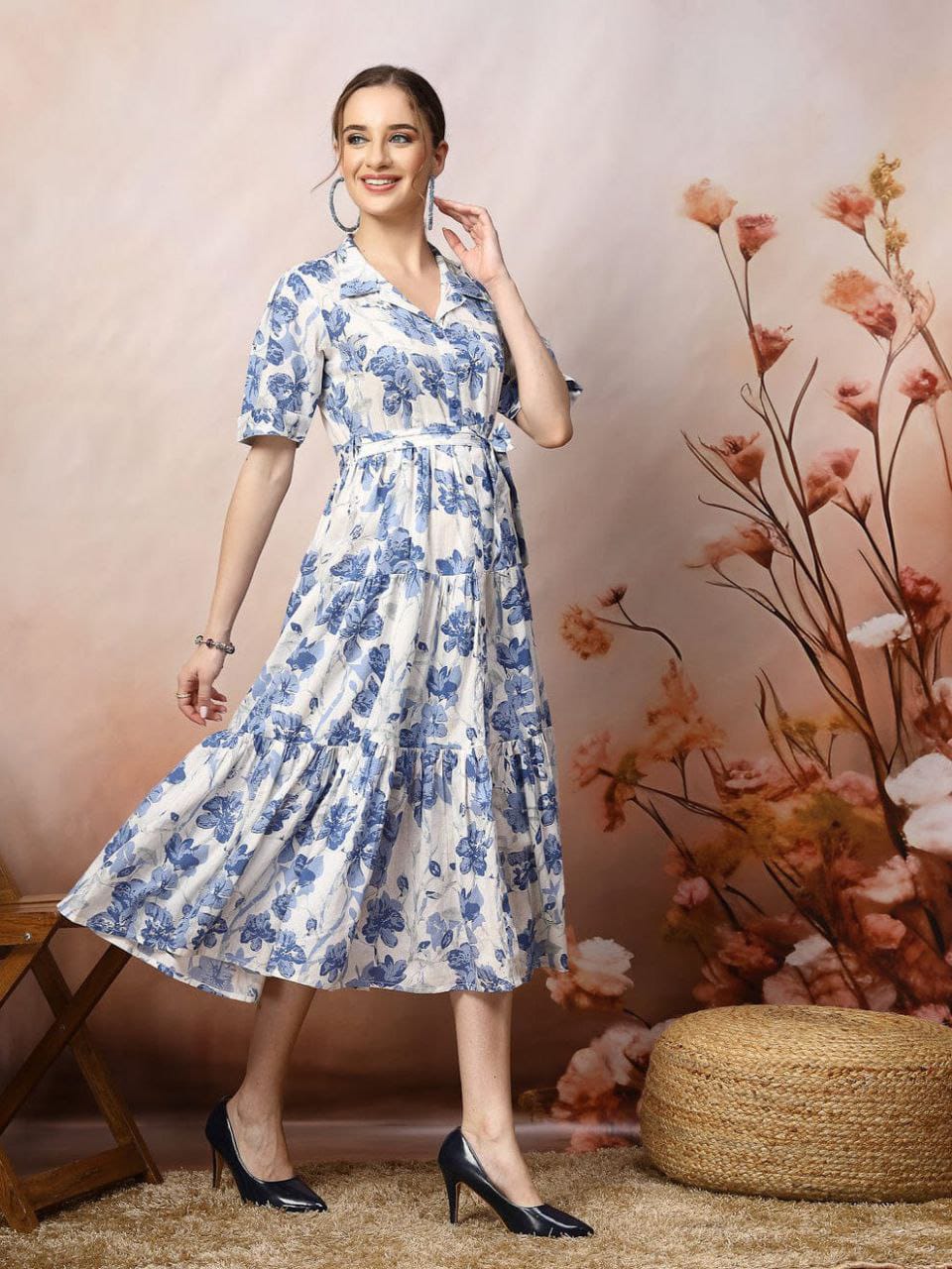 Ivory & Blue Floral Printed Tiered Midi Dress in Heavy Rayon