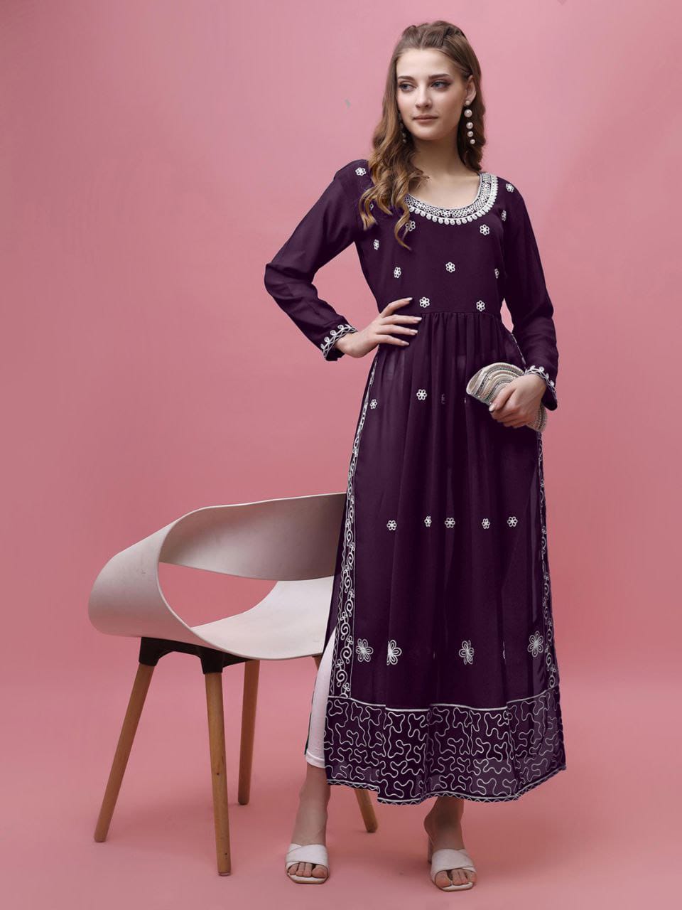 Elegant Dark Wine Georgette Embroidered Kurti with Full Sleeves – Women’s Long Ethnic Wear