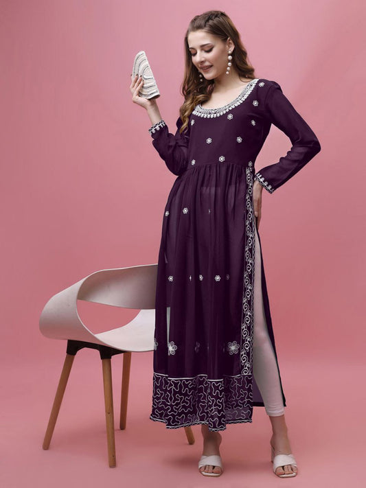Elegant Dark Wine Georgette Embroidered Kurti with Full Sleeves – Women’s Long Ethnic Wear