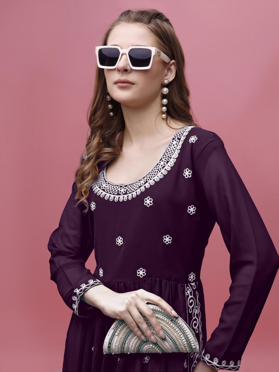 Elegant Dark Wine Georgette Embroidered Kurti with Full Sleeves – Women’s Long Ethnic Wear