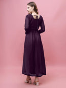 Elegant Dark Wine Georgette Embroidered Kurti with Full Sleeves – Women’s Long Ethnic Wear