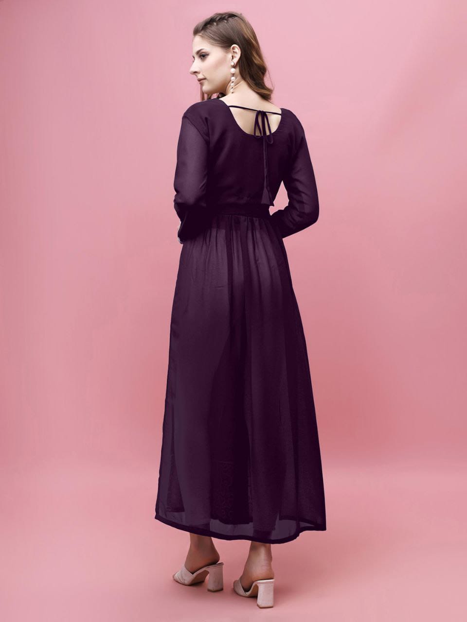 Elegant Dark Wine Georgette Embroidered Kurti with Full Sleeves – Women’s Long Ethnic Wear