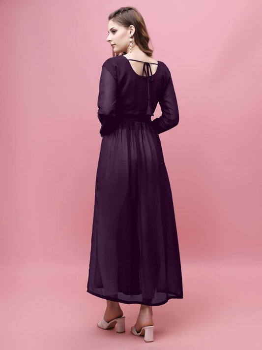 Elegant Dark Wine Georgette Embroidered Kurti with Full Sleeves – Women’s Long Ethnic Wear