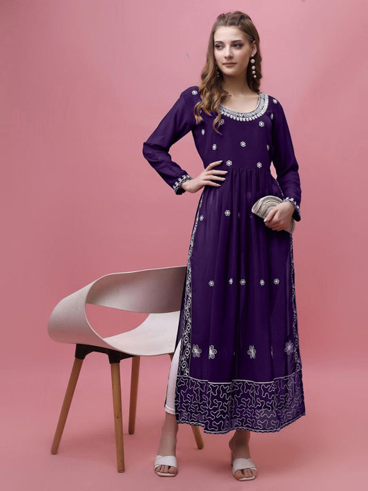 Purple Georgette Embroidered Long Kurti for Women – Full Sleeve Anarkali Style