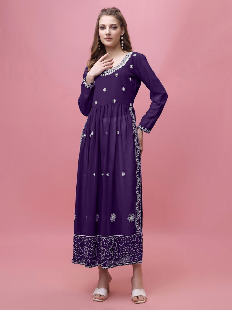 Purple Georgette Embroidered Long Kurti for Women – Full Sleeve Anarkali Style