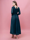 Dark Teal Blue Georgette Embroidered Long Kurti – Full Sleeve | Elegant Party & Casual Wear