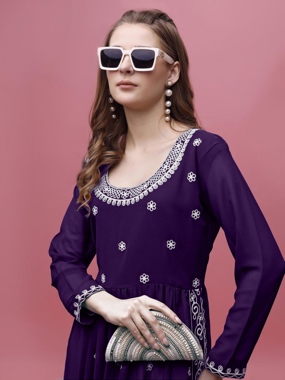 Purple Georgette Embroidered Long Kurti for Women – Full Sleeve Anarkali Style