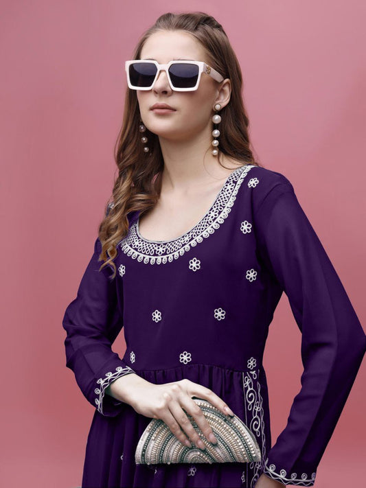 Purple Georgette Embroidered Long Kurti for Women – Full Sleeve Anarkali Style