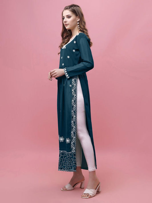 Dark Teal Blue Georgette Embroidered Long Kurti – Full Sleeve | Elegant Party & Casual Wear