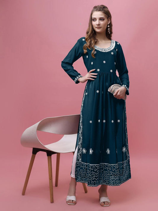 Dark Teal Blue Georgette Embroidered Long Kurti – Full Sleeve | Elegant Party & Casual Wear