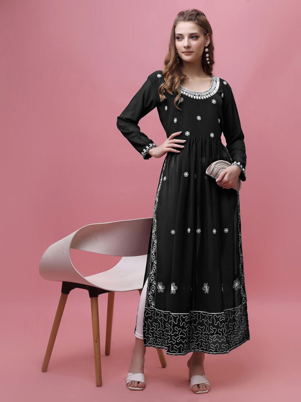 Black Georgette Embroidered Long Kurti with Full Sleeves – Elegant Party Wear
