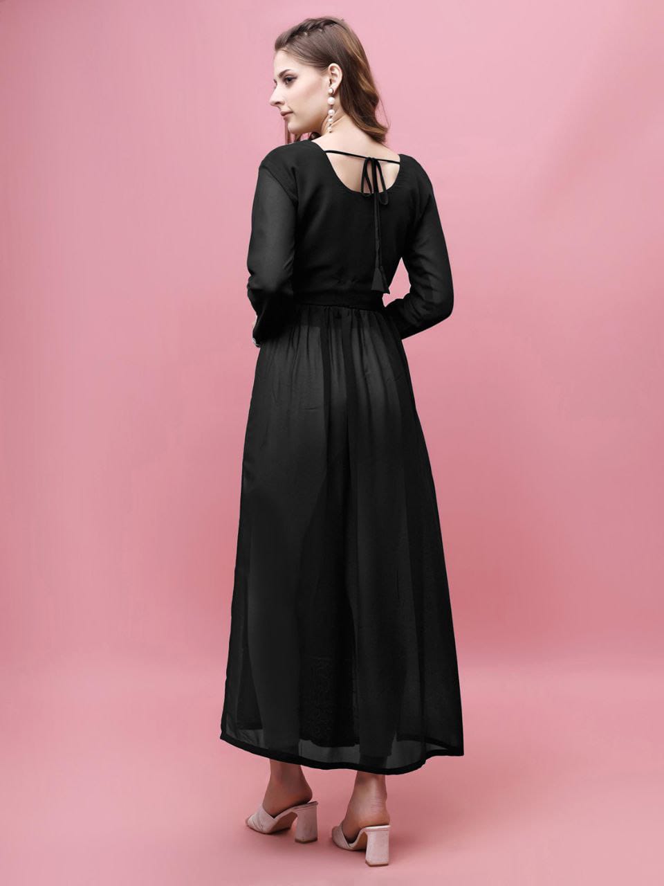 Black Georgette Embroidered Long Kurti with Full Sleeves – Elegant Party Wear