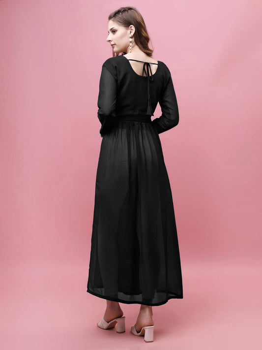 Black Georgette Embroidered Long Kurti with Full Sleeves – Elegant Party Wear