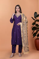Purple Viscose Embroidered 3-Piece Suit with Jacquard Dupatta – Party Wear Set