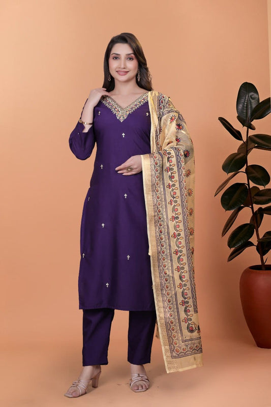 Purple Viscose Embroidered 3-Piece Suit with Jacquard Dupatta – Party Wear Set