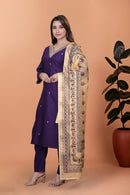 Purple Viscose Embroidered 3-Piece Suit with Jacquard Dupatta – Party Wear Set