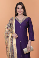 Purple Viscose Embroidered 3-Piece Suit with Jacquard Dupatta – Party Wear Set