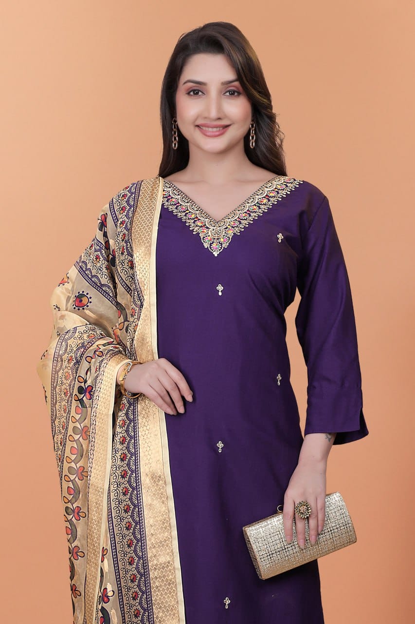 Purple Viscose Embroidered 3-Piece Suit with Jacquard Dupatta – Party Wear Set