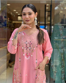 Festive Pink Roman Silk Suit with Cowry Shell & Sequin Embroidery