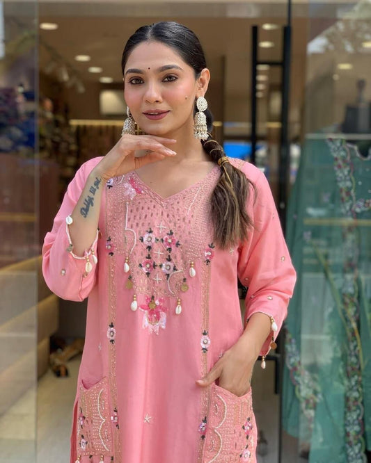 Festive Pink Roman Silk Suit with Cowry Shell & Sequin Embroidery