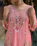Festive Pink Roman Silk Suit with Cowry Shell & Sequin Embroidery