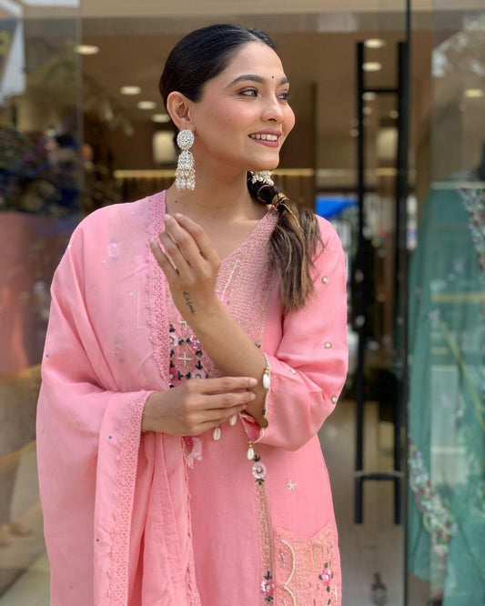 Festive Pink Roman Silk Suit with Cowry Shell & Sequin Embroidery