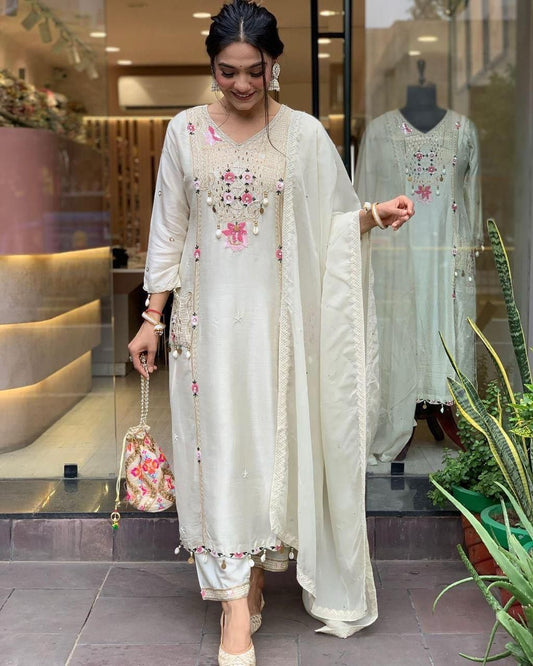 Ivory Muslin (Masleen) Sequin-Embroidered 3-Piece Suit Set with Dupatta